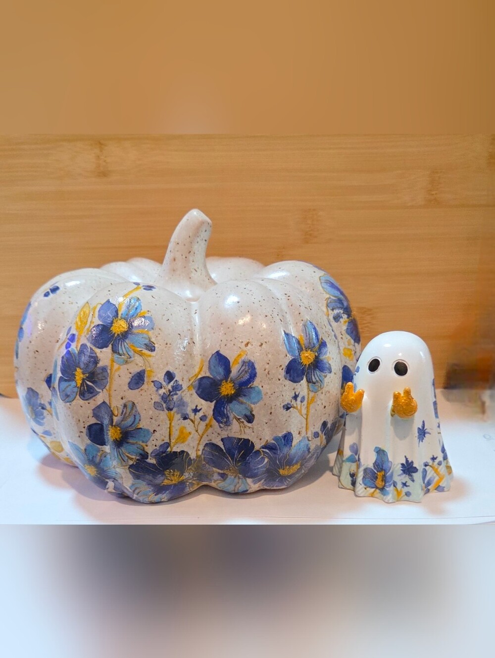 🎃 Hand-painted Ceramic Floral Pumpkin & Ghost Set – Chic Halloween Decor ✨